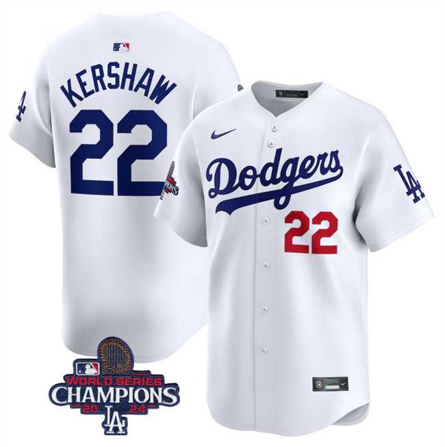 Men's Los Angeles Dodgers #22 Clayton Kershaw White 2024 World Series Champions Home Limited Stitched Baseball Jersey,We sell and wholesale Men's Los Angeles Dodgers #22 Clayton Kershaw White 2024 World Series Champions Home Limited Stitched Baseball Jersey on line form chian!